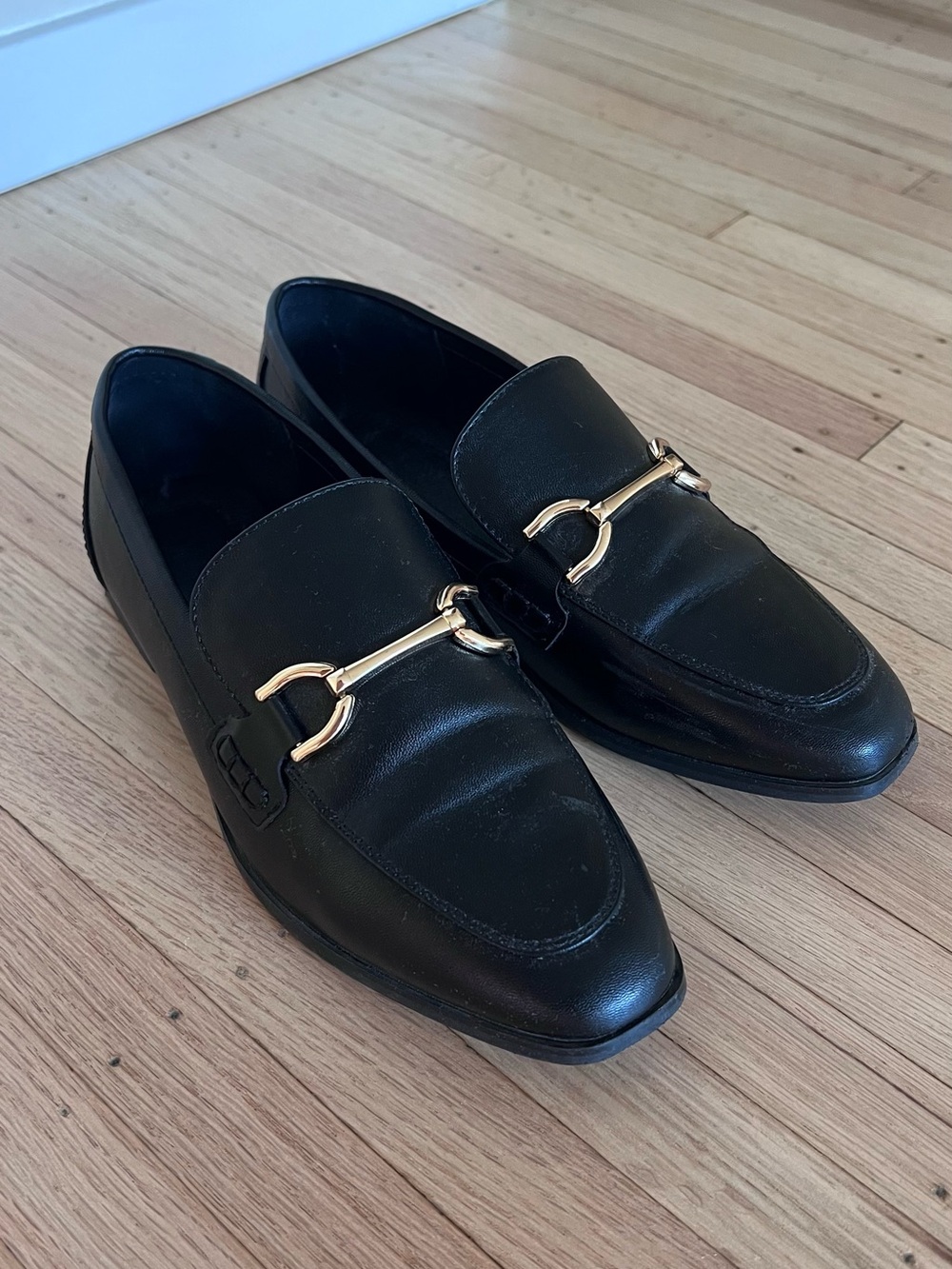 Black Leather Women's Loafers with Gold Horsebit Accent